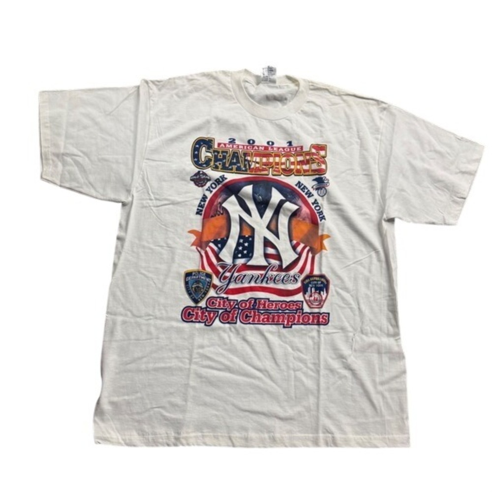 VTG NY Yankees 2001 Championship White Short‎ Sleeve Graphic Tee Retro Baseball
